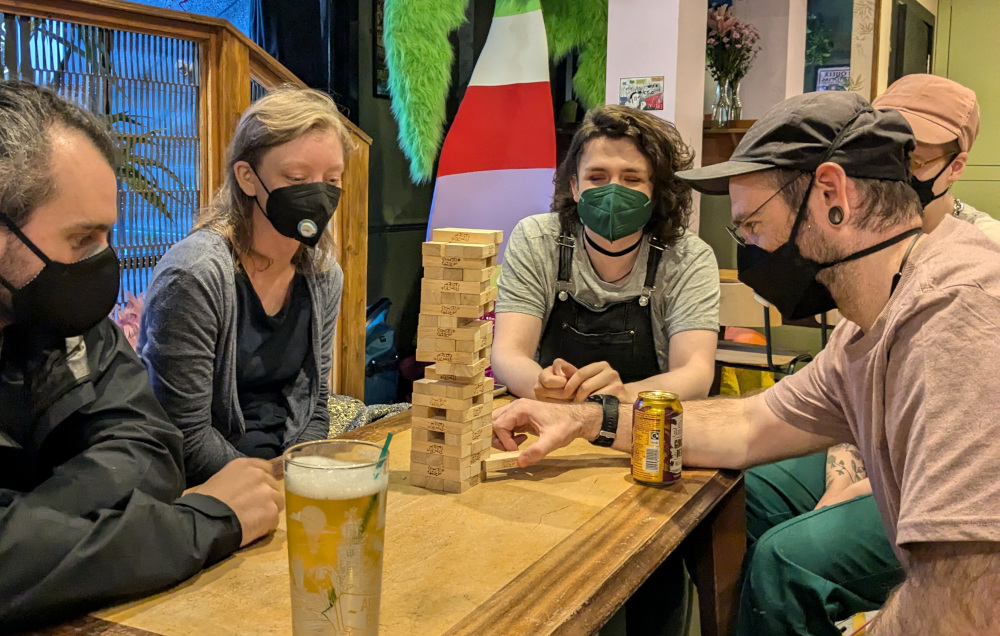 A group of people wearing masks